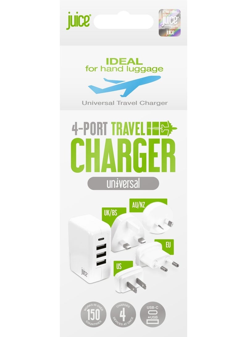 جوس محول السفر JUICE مع 4 منافذ USB وقوابس قابلة للتبديل للاستخدام حول العالم، بقدرة إخراج 4.8 أمبير – شاحن جداري عالمي لمناطق المملكة المتحدة، الاتحاد الأوروبي، الولايات المتحدة، وأستراليا – باللون الأبيض. - Image 4